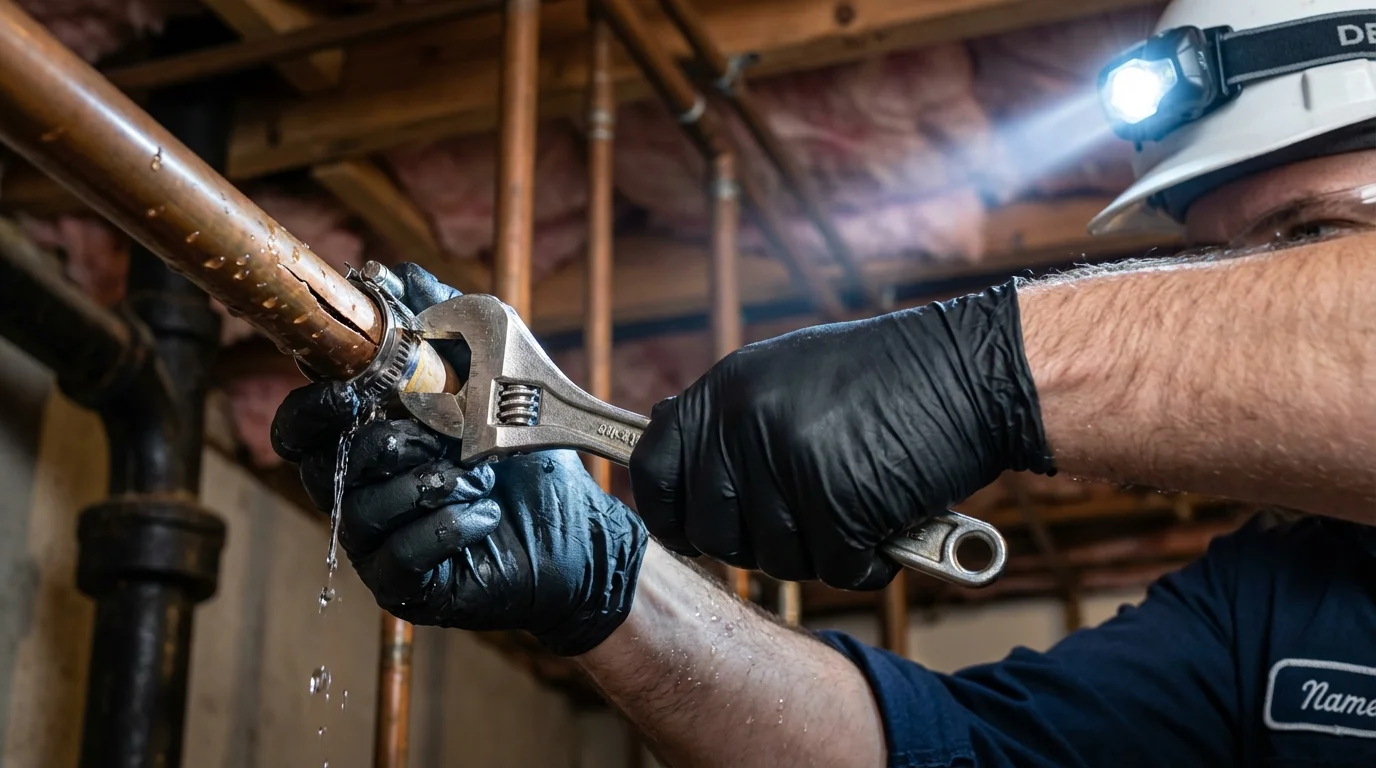 Emergency pipe clamp repair being performed by a Johns Plumbing LLC plumber in Kingsburg
