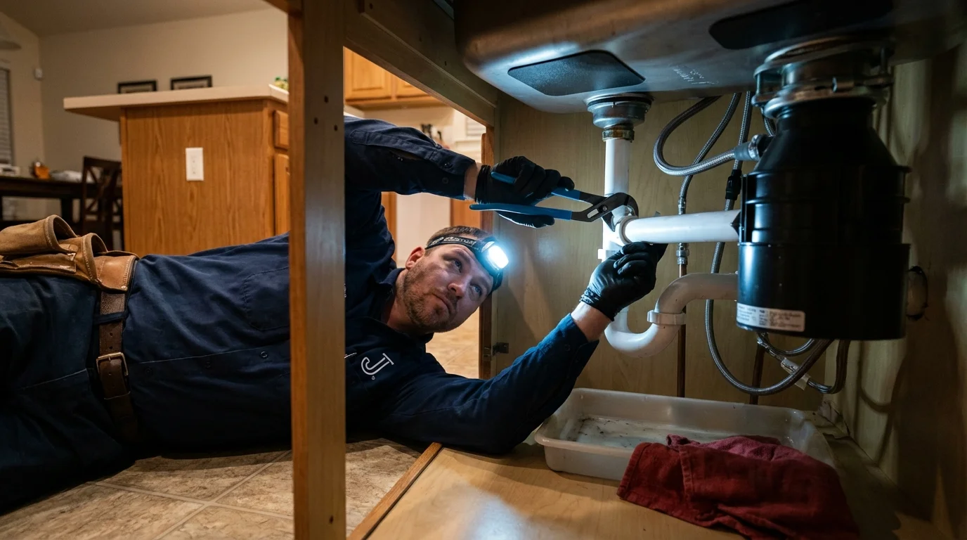 P-trap and supply line connections under a kitchen sink showing a common leak point in Kingsburg, CA